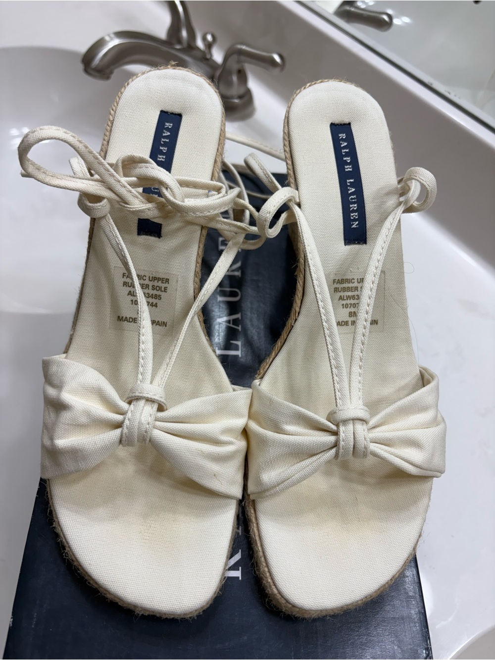 Ralph Lauren Cream Espadrille Wedge Sandals with Ankle Tie